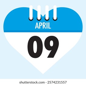 9 April calendar icon blue heart shape on light sky blue color background, calendar vector symbol for the month of April.