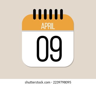 9 April day calendar icon. Orange calendar vector on light background for April days