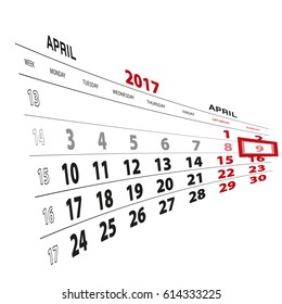 9 April highlighted on calendar 2017. Week starts from Monday. Vector Illustration.