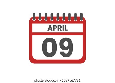 9 April month single day vector, illustration, calendar with red, black and white color background calendar April 9