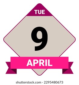 9 April, Tuesday. Date template. Useful design for calendar or event promotion. Vector illustration EPS 10 File. Isolated on white background. 