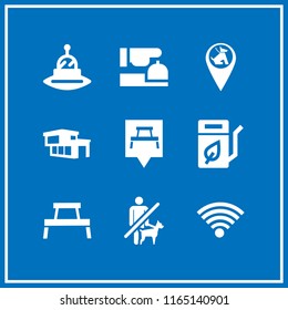 9 area vector icon set with pet zone point, rest area pin, no pets and biodiesel icons for mobile and web