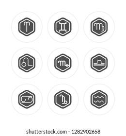 9 Aries, Gemini, Cancer, Libra, Scorpio, Virgo, Leo, Capricorn modern icons on round shapes, vector illustration, eps10, trendy icon set.