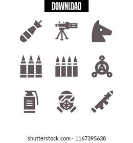 9 army vector icon set with launcher, torpedo, ammunition and bullets icons for mobile and web