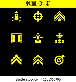 9 arrow icons in vector set. exit, target, decision making and chevron illustration for web and graphic design