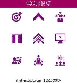 9 arrow icons in vector set. decision making, exit, cursor and target illustration for web and graphic design