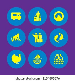 9 asia icons in vector set. monkey, tourism, shark fin and turkey illustration for web and graphic design