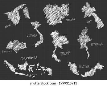 9 of asia map white line  freehand sketch on black background.
