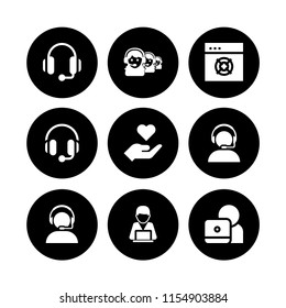 9 assistance icons in vector set. customer support, care, headset and call center illustration for web and graphic design