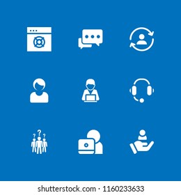 9 assistance icons in vector set. business woman, customer support, human group with questions and doubts and customer illustration for web and graphic design