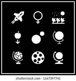 9 astronomy vector icon set with satellite dish, rocket ship, moon and gravity icons for mobile and web