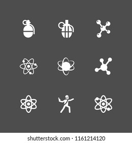 9 atomic icons in vector set. atomic bond, grenade and atom illustration for web and graphic design