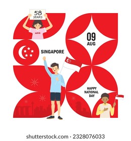 9 de agosto a 58 años Día Nacional de Singapur. Ciudadano de Singapur celebra el diseño de la plancha del Día de la Independencia. Ilustración portadora de patriotismo.