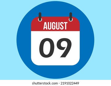 9. August blauer Kalendervektor. Kalenderaukel mit Kreis auf hellem Hintergrund.