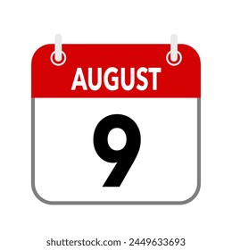 9 August, calendar date icon on white background.