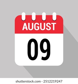 9 agosto Calendario Icono Vector Número de diseño de objeto