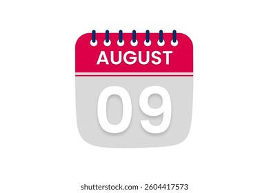 9 August month single day vector, illustration, calendar with red, off white and white color background calendar August 9