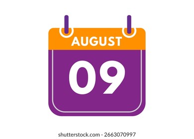 9 de agosto Mes Vector de un solo día, ilustración, calendario con naranja, púrpura, ceniza y blanco Icono de calendario de fondo de color del 9 de agosto
