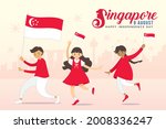 9 August - Singapore Independence Day illustration. Singapore citizen waving flag with city skyline. Cartoon Malay, Chinese and Indian people celebrate national day. Flat vector design.