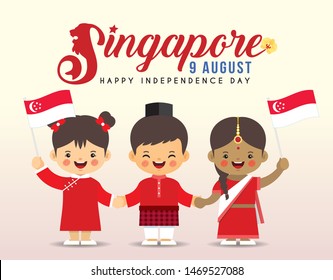 9 August - Singapore Independence Day illustration. Cute cartoon kids of Malay, Indian & Chinese holding hands together with Singapore flag.