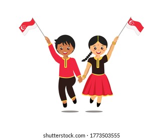 9 August - Singapore Independence Day Illustration.Cute Boy And Girl Of Malay, Indian & Chinese Citizen Holding Singapore Flag. Two Kids Jumping And Smiling.Child Vector Isolated On White Background.