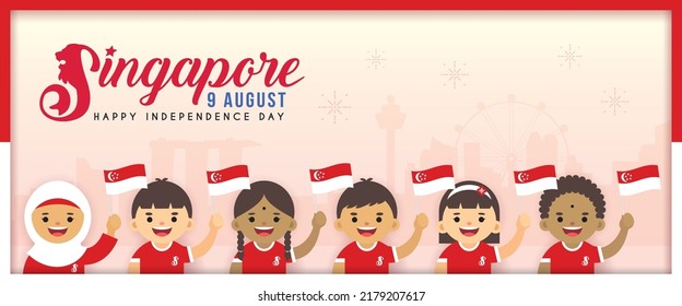 9 August - Singapore Independence Day greeting banner. Singapore citizen waving flag with cityscape. Cartoon Malay, Chinese and Indian people celebrate national day. Vector illustration.