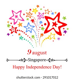 9 August.  Singapore Independence Day. Celebration background with fireworks and place for your text. Vector Illustration