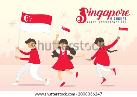 9 August - Singapore Independence Day illustration. Singapore citizen waving flag with city skyline. Cartoon Malay, Chinese and Indian people celebrate national day. Flat vector design.