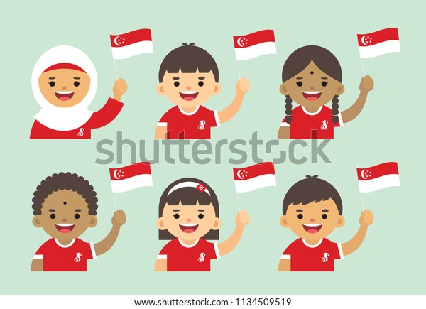 8月9日 シンガポール独立記念日のイラスト インド人のマレーのかわいい漫画の子どもたち のベクター画像素材 ロイヤリティフリー 1134509519