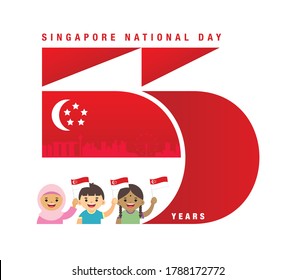 9 August - Singapore National Day. 55 years abstract art and Singapore citizen waving flag isolated on white background.