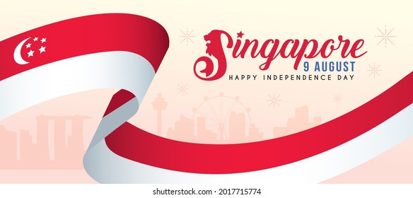 9 August - Singapore National Day Greeting Banner. Singapore Flag With Panorama Cityscape Silhouette Background. Singapore Independence Day Flat Design. Vector Illustration.