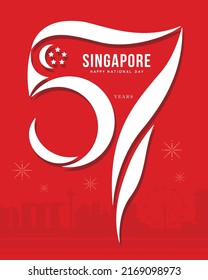 9 August - Singapore National Day Greeting Poster. 57th Years Abstract Art With Singapore Cityscape On Red Background.