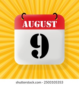 9 August. Speech bubble with calendar 2024, 2025. Year, month, day, week, time management. Planning concept. 3d illustration. Pop art style. Vector line icon for Business and Advertising