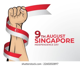 9. August. Vektorgrafik von Happy Independence Day Grußkarte für das Land Singapur mit geklonten Fäusten und einem Flaggenband. Verwendung für Banner auf weißem Hintergrund.