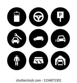 9 automotive icons in vector set. wiper, battery, military robot machine and car illustration for web and graphic design