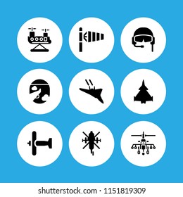 9 aviation icons in vector set. military airplane bottom view, windsock, pilot and aircraft illustration for web and graphic design