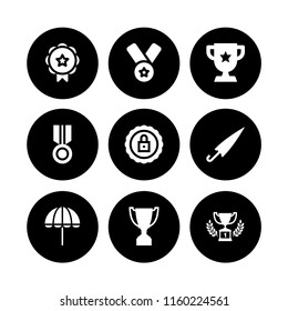 9 award icons in vector set. first prize trophy, trophy shape, umbrella and trophy illustration for web and graphic design