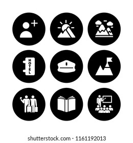 9 backpack icons in vector set. mountain, travel, uniform and follow illustration for web and graphic design