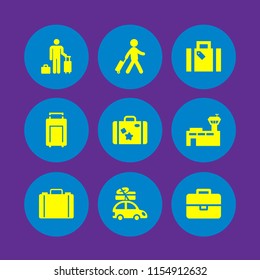 9 baggage icons in vector set. trip luggage, traveler with a suitcase, guest and car with luggage on the roof rack illustration for web and graphic design