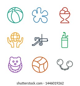 9 Ball Icons. Trendy Ball Icons White Background. Included Outline Icons Such As Ball Chain, Beach Baby Toy, Golf Putter, Cannon, Holding Globe. Icon For Web And Mobile.