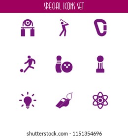 9 ball icons in vector set. idea, atom, sports and competition and whistle illustration for web and graphic design