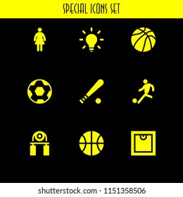 9 ball icons in vector set. baseball bat, idea, soccer and woman with dress illustration for web and graphic design