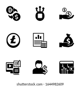 9 banking filled icons set isolated on white background. Icons set with crypto-exchange, Fork, Dividends, Altcoin, Balance Sheet, Deposit, Payment Processor, Account, digital wallet icons.