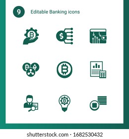 9 íconos rellenos de banca establecidos aislados en . Conjuntos de iconos con la industria de la tecnología financiera, presupuesto de marketing, cartera digital, criptodivisa, bitcoin, balance de situación, consultor fiscal, iconos de la innovación de fintech.
