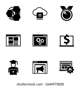 9 banner filled icons set isolated on white background. Icons set with AI Pattern, Email Marketing, medal, front end, back end, Computer-Based Training, eCommerce website icons.