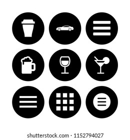 9 bar icons in vector set. cocktail, menu, drink and coupe illustration for web and graphic design