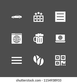 9 bar icons in vector set. menu, www, slot machine and cafe illustration for web and graphic design