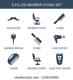 9 barber icons. Trendy barber icons white background. Included filled icons such as mustache, barber chair, comb, brush, hair dryer, electric razor. icon for web and mobile.