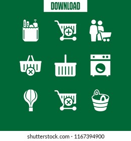 9 basket vector icon set with groceries, hot air ballon silhouette, bucket and shopping basket icons for mobile and web
