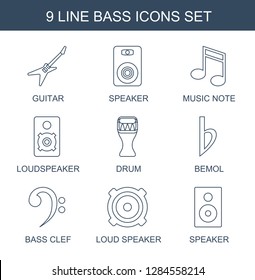 9 bass icons. Trendy bass icons white background. Included line icons such as guitar, speaker, music note, loudspeaker, drum, bemol, bass clef, loud speaker. bass icon for web and mobile.